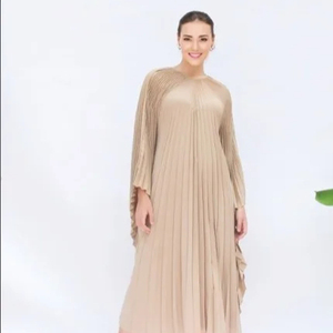Vintage Pleat Kaftan Flowy Floor-Length Satin <b>Dress</b> Comfort Wear Women Cappuccino Beige Wedding Party Poolside Summer Quick Dry - Product Image 1