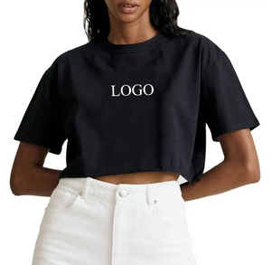 Camiseta recortada de gran tamaño con ajuste holgado de Color negro más a la moda para mujer con cuello redondo, camiseta recortada para mujer, Tops cortos para mujer - Product Image 2