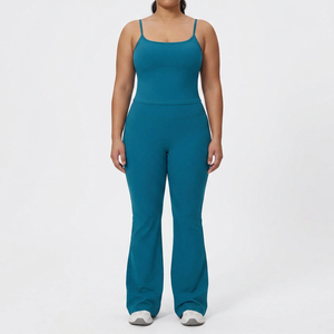 Women's Seamless Yoga <b>Set</b> <b>Square</b> Neck Spaghetti Strap High Waist Full Length Solid Teal Two Piece Activewear - Product Image 1