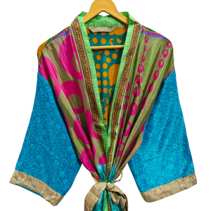 เสื้อคลุมเจ้าสาวน้ำหนักเบาชุดคลุมผ้าไหมสำหรับผู้หญิงชุดนอนเสื้อคลุมยาวพิมพ์ลายดอกไม้อินเดียชุดกิโมโนผ้าไหมส่าหรีรีไซเคิลวินเทจ - Product Image 1