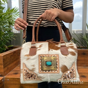 Nouveaux cheveux occidentaux sur cuir de vachette Mini bagages Offre Spéciale fait à la main unisexe sac de voyage véritable main usiné bandoulière sacs polochons - Product Image 1