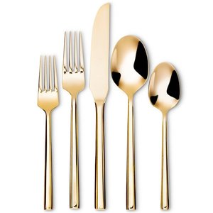 Ensemble de couverts contemporains à poignée en métal doré lourd de 5 pièces couverts en acier inoxydable poli miroir pour les repas de mariage de cuisine - Product Image 1