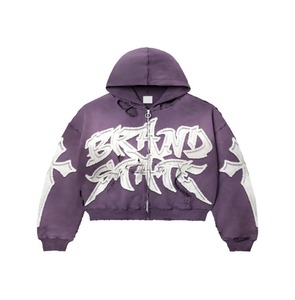 Custom High Quality Vintage Hoodies Manufacturer 400 Gsm Sunfaded Acid Wash Patch Embroidery <b>Cropped</b> <b>Zip</b> <b>up</b> Hoodie Men - Product Image 1