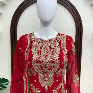Red Embroidered Salwar Kameez Pakistani <b>Wedding</b> <b>Dress</b> Long Dupatta Net Sharara <b>Suit</b> <b>for</b> Bride Party Wear - Product Image 6