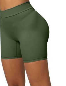 OEM Mid Waist Seamless Solid Green Yoga Shorts Spandex Nylon Elastic Waist Sports Workout Shorts For Women's - Product Image 3