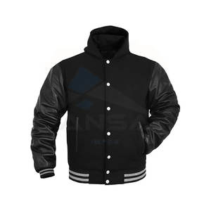 เสื้อแจ็คเก็ตวาร์ซิตี้ผู้ชาย แขนหนังแท้ ตัวเสื้อผสมขนสัตว์ สไตล์คลาสสิกแบบนักศึกษา ไซส์ XS-5XL ฮู้ดดี้สีดำแบบริบ - Product Image 1