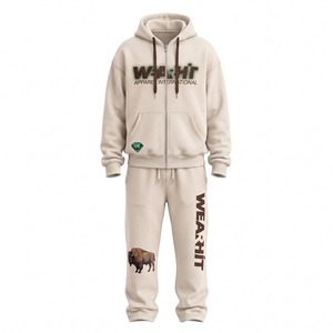 Conjunto Deportivo de Dos Piezas en Felpa Gruesa, Impresión DTG, Sudadera con Cremallera Completa, Pantalones Deportivos Holgados, 420 GSM, Color Blanco Hueso, Logotipo Personalizado - Product Image 1