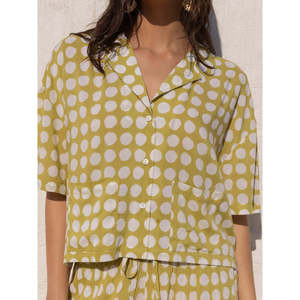 <b>Women's</b> <b>Yellow</b> Polka Dot Hand Printed Asymmetric Short Sleeve Button Shirt Loose Fit Turn-down Collar Casual Spring Summer <b>Top</b> - Product Image 4