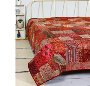 Красное индийское Шелковое Одеяло Patola, винтажное лоскутное одеяло, шелковое покрывало Kantha, богемное стеганое покрывало Kantha