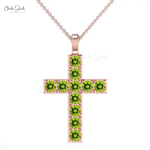 Round Shaped Natural Green Peridot Gemstone Religious Cross Pendant Necklace 14k Solid Gold Fine Jewelry At Manufacturer Price