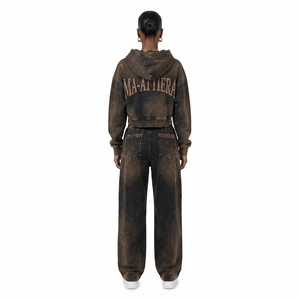 Custom Women Acid Wash Dark Brown Cropped Hoodie <b>Wide</b> <b>Leg</b> <b>Jogger</b> Set Cotton Fleece Streetwear Tracksuit OEM Wholesale - Product Image 2