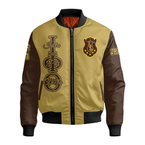 Iota phi theta แจ็กเก็ตซาตินบอมเบอร์1963สีน้ำตาลทองสไตล์นักศึกษาวิทยาลัยปักลายแบบชาวกรีก - Product Image 1