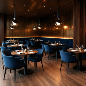 Set di Lusso con Poltrone Imbottite Blu Navy e Tavolo da Pranzo Rotondo in Legno Scuro, 4 Sedie, Arredamento per Caffetteria, Divano per Ristorante - Product Image 1
