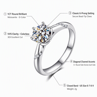 Bague de fiançailles et de mariage en moissanite 1 carat, couleur D, pureté VVS, monture six griffes, coupe 3EX, en argent S925, pour femme