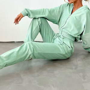 El mejor conjunto deportivo de primavera personalizado para mujer, Sudadera con capucha cortada con cremallera en blanco, en la cintura con cordón Pantalones deportivos, conjunto de 2 piezas para mujer - Product Image 6