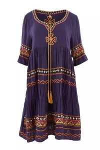 Lo más nuevo bohemio Casual mujeres vacaciones corto Maxi vestido señora bordado cuello en V media manga tela de rayón señoras Maxi vestido - Product Image 5