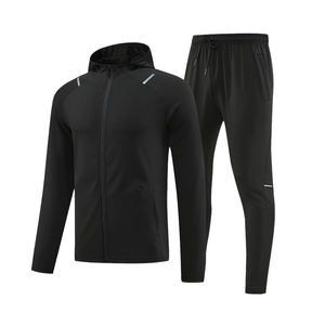 Ensemble de survêtement pour homme en 2 pièces, veste de sport à capuche et pantalon de jogging, automne, uni, taille élastique, logo personnalisé, hiver, vêtements respirants - Product Image 1