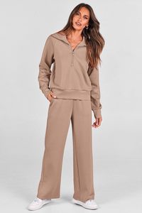 Conjuntos de 2 piezas para mujer, sudaderas informales con solapa y media cremallera y pantalones de pierna ancha, conjuntos de chándal - Product Image 4