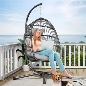 Silla Colgante Moderna Tipo Huevo con Soporte, Hamaca de Mimbre para Exteriores con Cojines, Capacidad de 330 lb, Color Gris Oscuro (Soporte Incluido) para Patio o Parque - Product Image 1