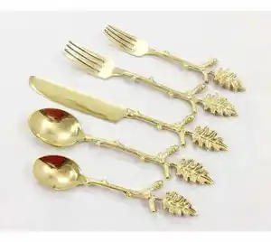 Hot bán Flatware Set lá thiết kế Brass xử lý 18/8 thép không gỉ dao kéo muỗng nĩa Công cụ Cắt Flatware Set đồ dùng