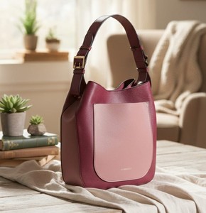 Sac seau en cuir bicolore vintage bordeaux pour femme, sac à bandoulière résistant à l'eau avec fermeture éclair et sangle réglable - Product Image 5