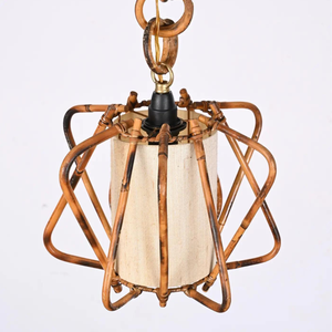 Lustre français du milieu du siècle pendentif lumière canne rotin abat-jour avec bambou matériel décoration de la maison - Product Image 3