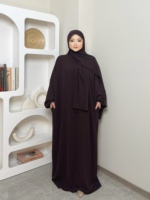 LM013 IRONFREE Abaya Larga con Capucha de Crepé, Hiyab Integrado con Bolsillos para Pañuelo, Vestido Musulmán Elegante y Modesto para Mujer, Primavera