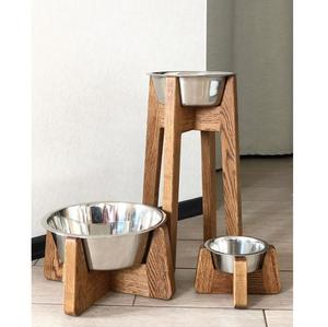 Comedero para Mascotas de Madera Hecho a Mano con Cuencos de Acero Inoxidable y Detalles de Ágata, Especial Ramadán - Product Image 1