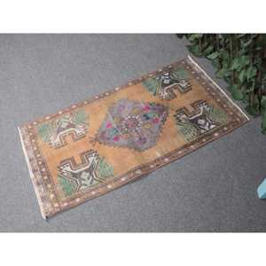 1.6x3.3 ft Vintage Small Rug, <b>Brown</b> Green Turkish Animal Print <b>Wool</b> Rug - Product Image 2