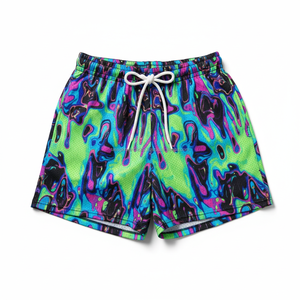 Shorts en maille pour hommes, séchage rapide, OEM, imprimé abstrait vibrant, design liquide néon, shorts de plage d'été - Product Image 1