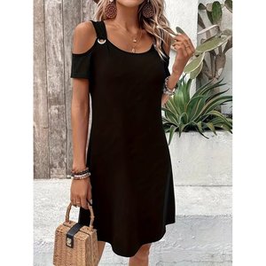 Robe courte en viscose pour femme Jane's, à manches courtes, épaules dénudées, avec détails œillets, coupe décontractée pour le jour et la nuit - Product Image 2