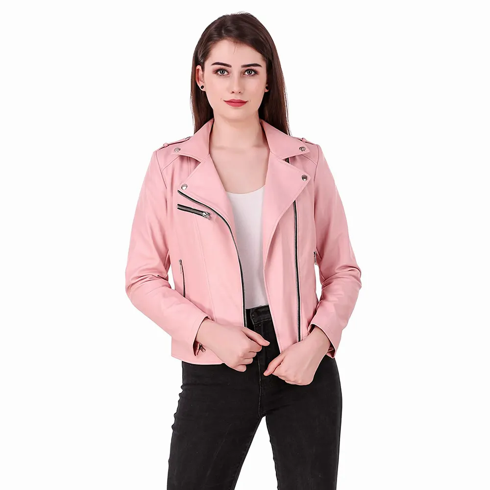 Jaqueta de couro feminina, nova chegada, cor rosa, inverno, com zíper, slim fit, para senhoras