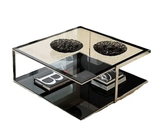 French moderrn Style Glass Top & Marble Good Quality Coffee Table Bronzed Color Stainless Steel Table Sets Living Room Furniture