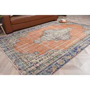 Tapis vintage 5,2 x 8,2 pieds, grand tapis turc, tapis oriental en laine orange et bleu - Product Image 1