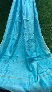 Alta calidad pura Chanderi seda Saree Lucknowi Chikan Mukesh trabajo cielo azul sin arrugas fiesta tradicional estilo indio paquistaní - Product Image 2