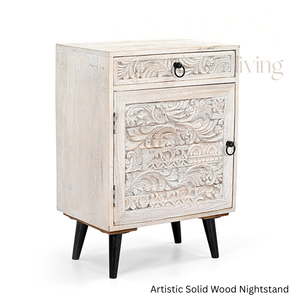 Mesita de Noche de Madera Tallada Color Turquesa Desgastada - Estilo Vintage Shabby Chic - Mesa Auxiliar de Madera Maciza con Aspecto Floral - Product Image 2