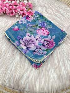 ส่าหรีสีฟ้าพิมพ์ลายดอกไม้สวยงามเสื้อสตรีมีสไตล์สุดพิเศษเสื้อผ้างานเทศกาลงานแต่งงานแบบแฟนซีสำหรับผู้หญิง - Product Image 4