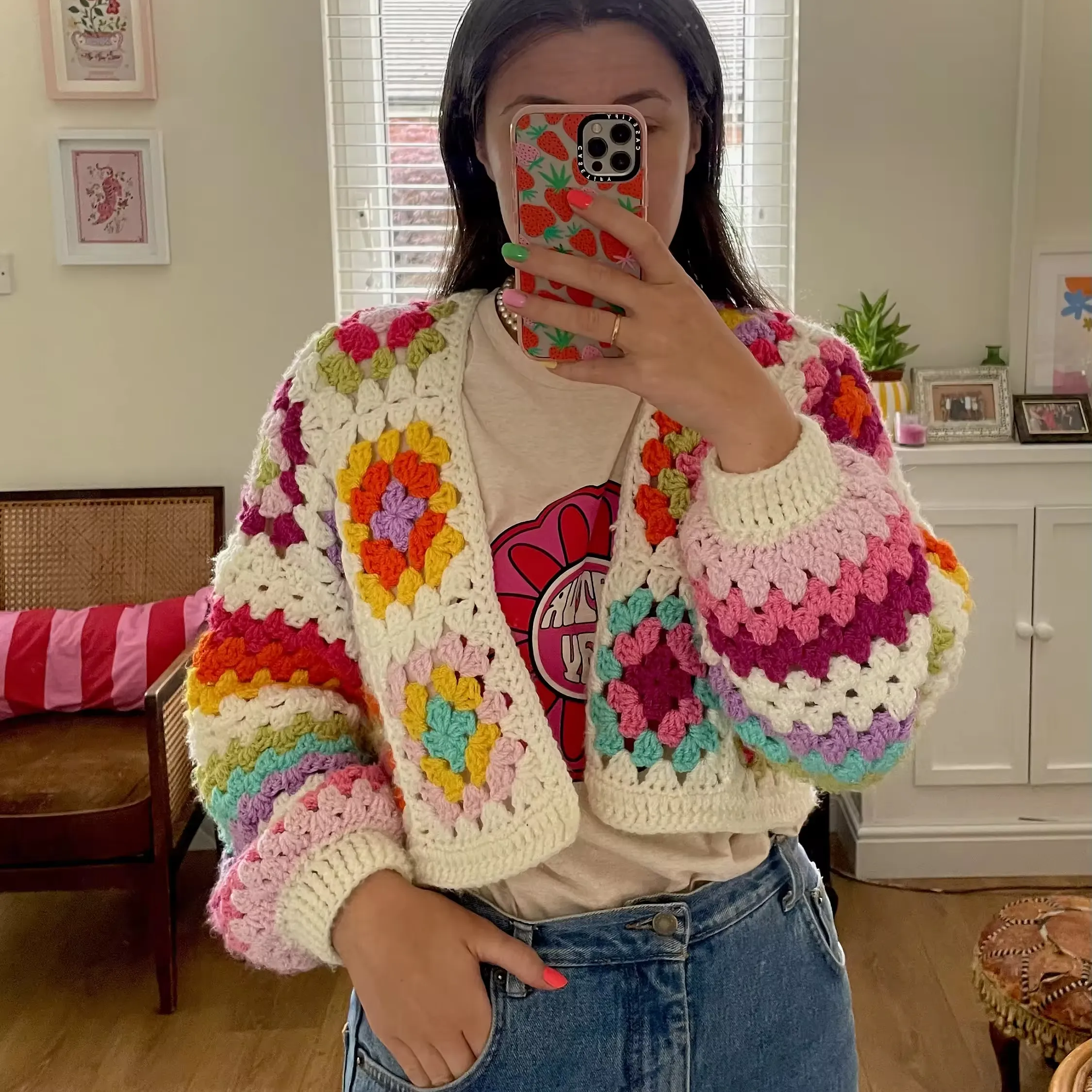 Spring Customized Crochet Pattern Design Granny Check Stripe Rainbow Knitted Short Crochet Cardigan Women's Sweater