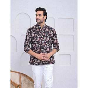 Kurta court en coton imprimé décontracté pour hommes avec manches longues - Product Image 1