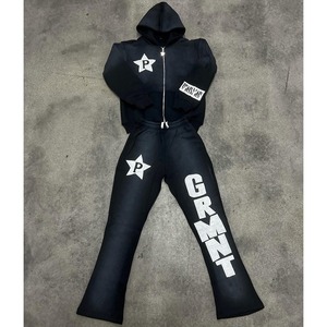 Ensemble pantalon de survêtement et sweat à capuche vintage évasé lavé à l'acide avec patch de broderie personnalisé survêtements écologiques pour hommes - Product Image 5