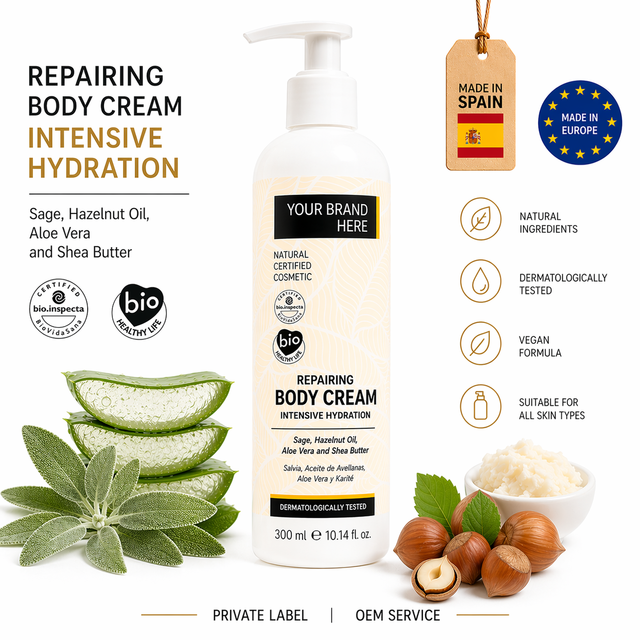 Private Label Repairing Body Cream 400ml OEM | Hydrating Nourishing Dry Skin Cream | Organic Vegan | Made in Spain EU