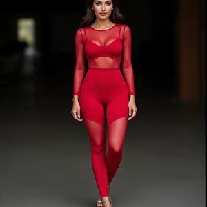 Sheer Mesh Femmes Printemps Été Chemise Sans Manches 2 Pièces Ensembles Haute Qualité Crop Top Leggings Sheer Mesh Ensembles - Product Image 3