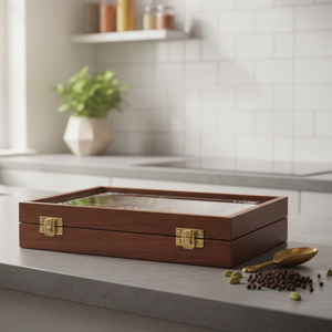 Boîte à épices élégante en bois brun écologique, finition lisse et polie, artisanale, plusieurs compartiments pour un rangement sûr et la cuisine - Product Image 1