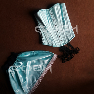 Light Blue Satin Corset with Skirt Steel Boned Party Wear Corset Dress - Product Image 6