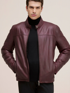 แจ็คเก็ตหนังแท้สี Burgundy สำหรับผู้ชาย สไตล์นักแข่ง ฤดูหนาว เป็นมิตรกับสิ่งแวดล้อม ระบายอากาศได้ดี ทรงเข้ารูป คอตั้ง สไตล์วินเทจ คาเฟ่ โมโต ไบค์เกอร์ เหมาะเป็นของขวัญ - Product Image 3