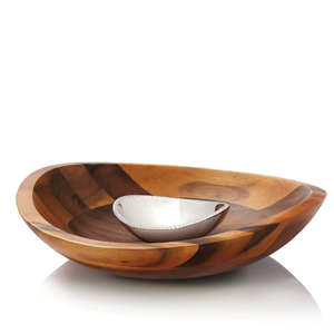 Plat de service en bois d'acacia et métal de qualité supérieure, vaisselle élégante, bol et plateaux pour les collations, les chips, les fêtes et tous les événements - Product Image 1
