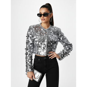 Veste matelassée en sequins argentés pour femmes BYMANYC New York, logo personnalisé brodé, doublure en cuir et élasthanne, taille XL pour la saison d'automne - Product Image 1