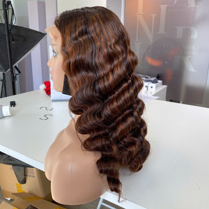 Pelucas con flequillo de cabello virgen marrón para mujer, peluca larga con ondas profundas y frente de encaje, densidad del 250% - Product Image 2