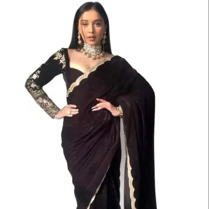 Saree de desenho para mulheres com bordado de sequência Georgette cor preta estilo Bollywood