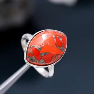 Joyería fina de Plata de Ley 925, anillo turquesa con forma de marquesa de 8x16mm con cabujón turquesa rojo cobre, Diamante y Perla - Product Image 2